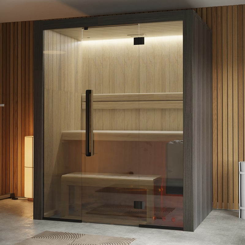 Freigestellte Abbildung der Hekla Traditional 160 Sauna mit heller Holzverkleidung und Glasfront